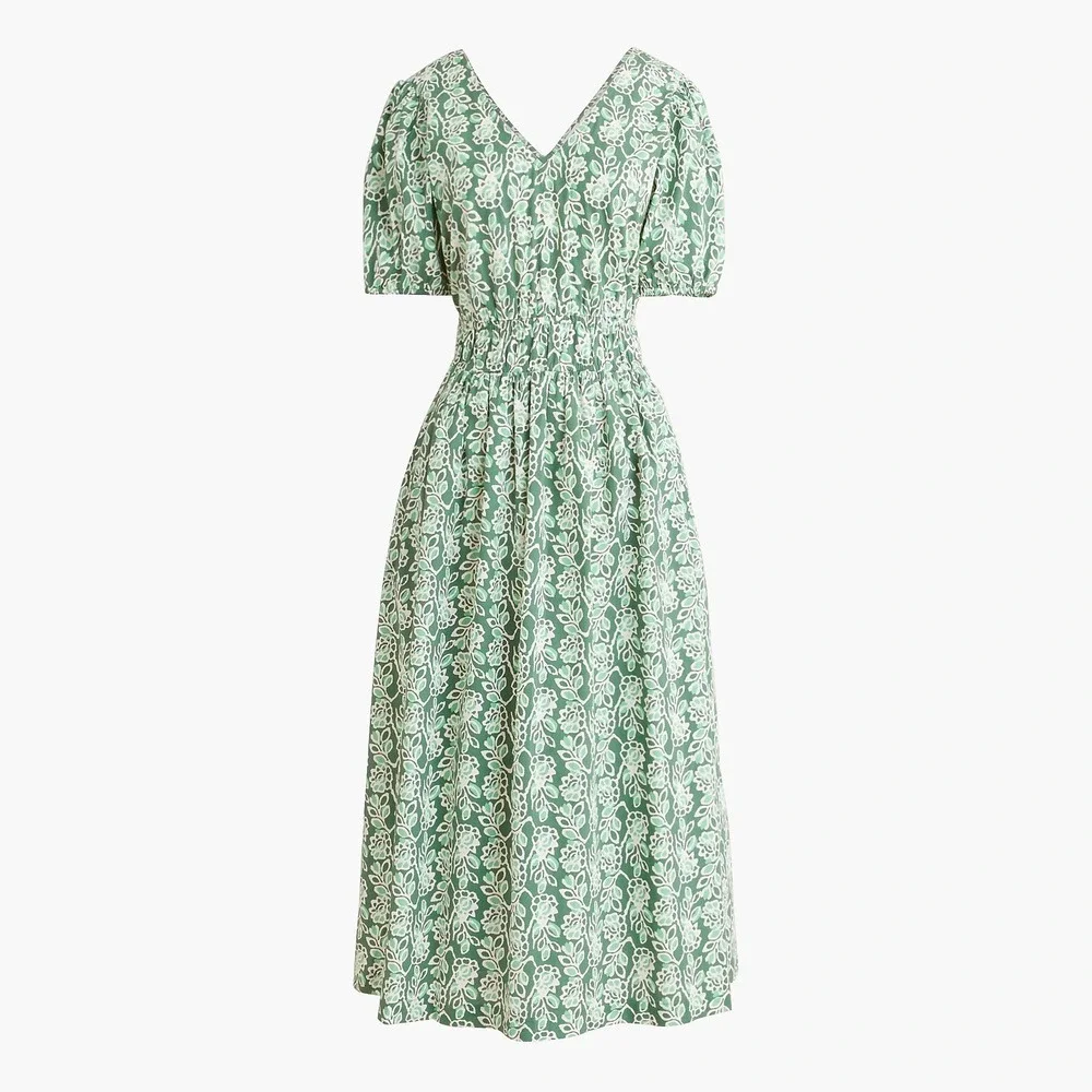 NEW J.Crew Smocked-waist poplin midi dress Size 10 Pale Spinach Eucalyptus green